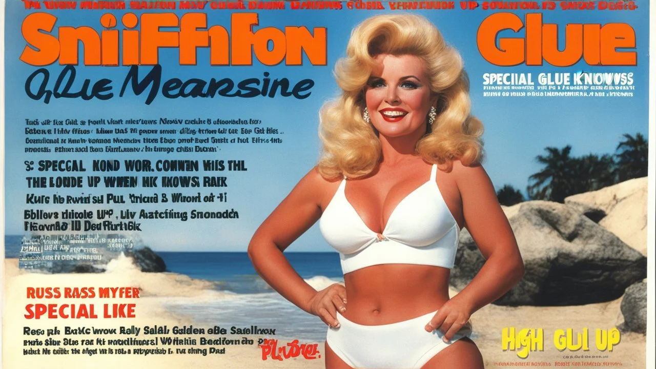 SNIFFIN’ GLUE magazine high res photo cover by Russ Meyer: special issue #42 on pull-up thick diapers, seen from bellow, guest star: blonde Sally knows that there were incontinent women like herself with large busts out on the beach and she is missing adult ultra thick pull-up diapers with the matching bras. Her concept is to pair diaper designs with bra designs, specifically themed for outdoor wear and surfing.