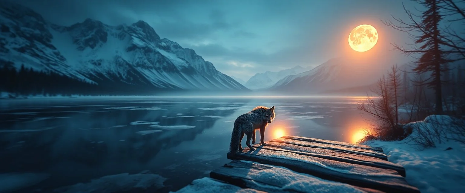 really old werewolf fox on frozen bridge pond, huge mountains and moon reflecting on pond, goa psy ambient in the style of vangelis and fsol, source vibrations, bokeh like f/0.8, tilt-shift lens 8k, high detail, smooth render, down-light, unreal engine, prize winning