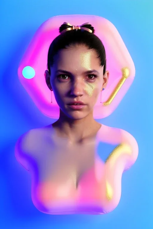 Ultra Realistic image, Rosalía artist, 40 years old, portrait, normal complexion, natural small busty, traditional little tattoo, two bows, little chopsticks hair ,black eye long liner, latex t-shirt and inflatable coat, gold pink and blue style, spray line glow make up, geometric led jewelry, fog, hot, inflatable style latex coat, vibrant color, highly detailed, art stations, concept art, smooth, unreal engine 5, god rays, ray tracing, RTX, lumen lighting, ultra detail, volumetric lighting.