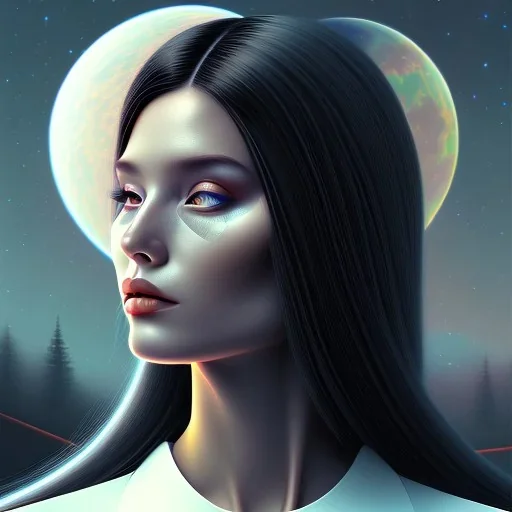 black long hair lady astronaut top under sunset