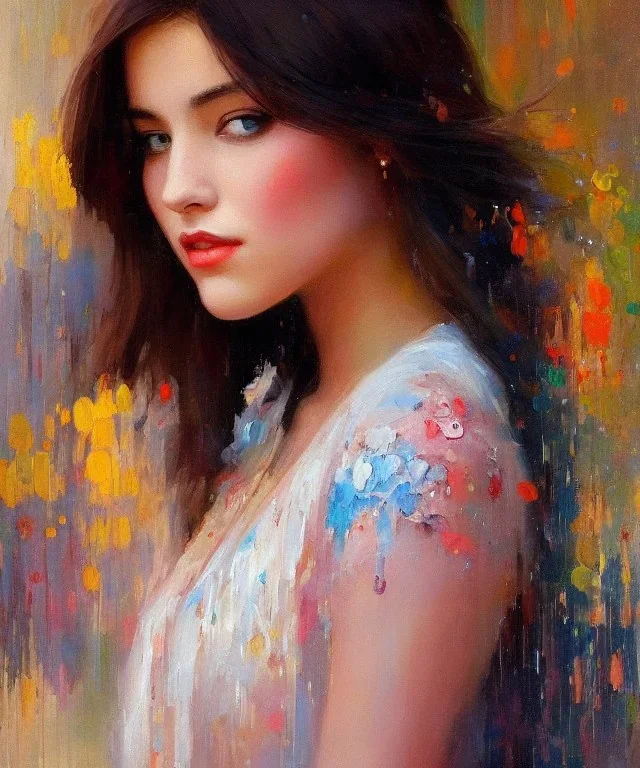 Masterpiece, best quality, The Face of the Curious Female by Bryen Frost rework. Masterpiece, best quality, trace light, painted impressionist brush strokes. paint drips and drabs and splatters by and by art nouveau and richard schmid . Paint spatters, drips, drabs, dynamic, artstation, artgerm