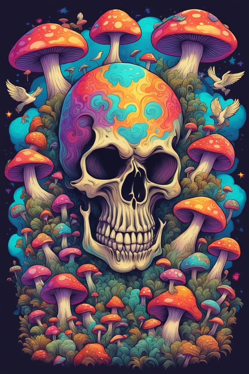 Psychedelic skull looking high and grinning, surrounded by clouds and overgrown with psychedelic mushrooms. Birds flying around the skull. Digital drawing. Colorful. t-shirt design. Cartoon. Digital cartoon. Mid detailed. Super happy. Cheerful. Light hearted. Colorful. Vibrant colours.