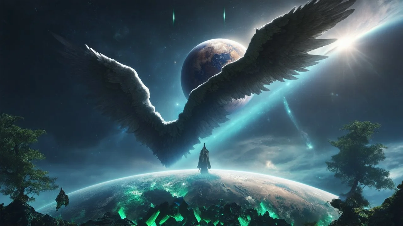 matrix universe, space, planets, god creation, angels from other dimensions with beautiful wings, trees on the planet, behind green crystals of light, few tiberium monolith deposits on the planet near tree,