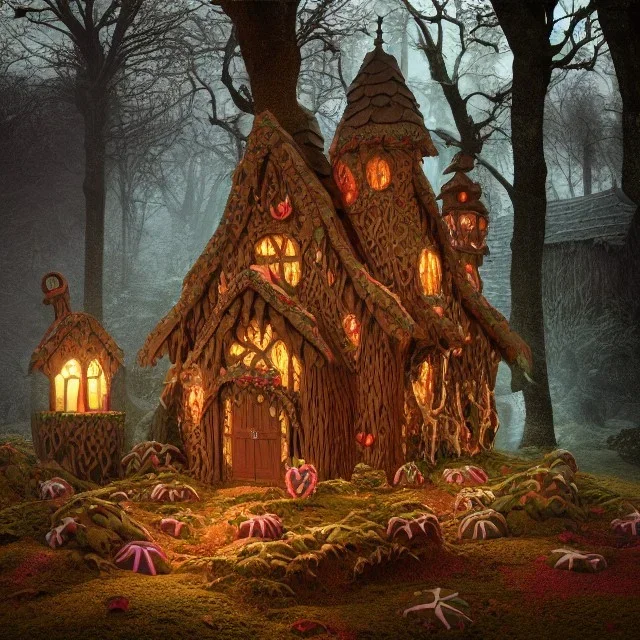 a fantasy witch house in the woods made of gingerbread, frosting, and candy, 8k, flickering light, centered, high-quality, fine-detail, digital art, detailed matte, volumetric lighting, illustration, 3D octane render, brian froud, howard lyon, ben goossens, George Grie, alphonse mucha