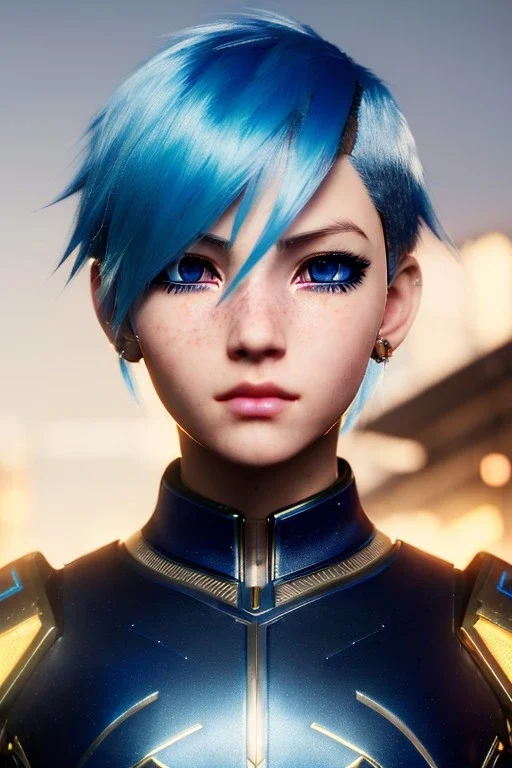 Cyborg anime warrior, light blue hair, short and messy hairstyle, pierced ears, round ears, golden eyes, waist up portrait, 8k resolution, intricate details, ornate details, soft lighting, vibrant colors, retroanime, masterpiece, intricate eyeliner, dark eyeshadow, eyes, intricate tattoos, futuristic cityscape background