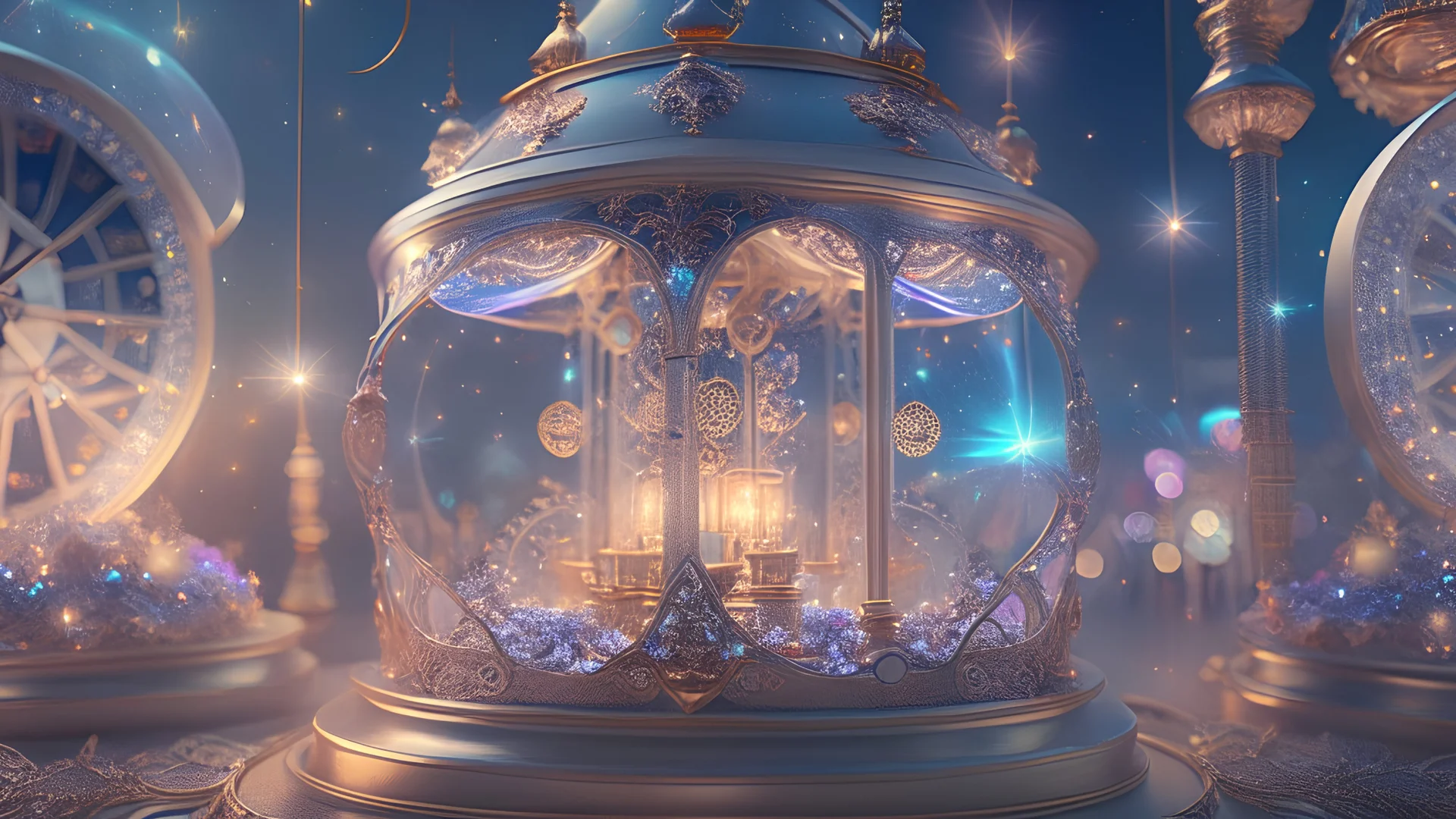 Carousels of Light, cosmic clockworks, visions, dreamy, sharp detail, HD 8K, hyper-realistic