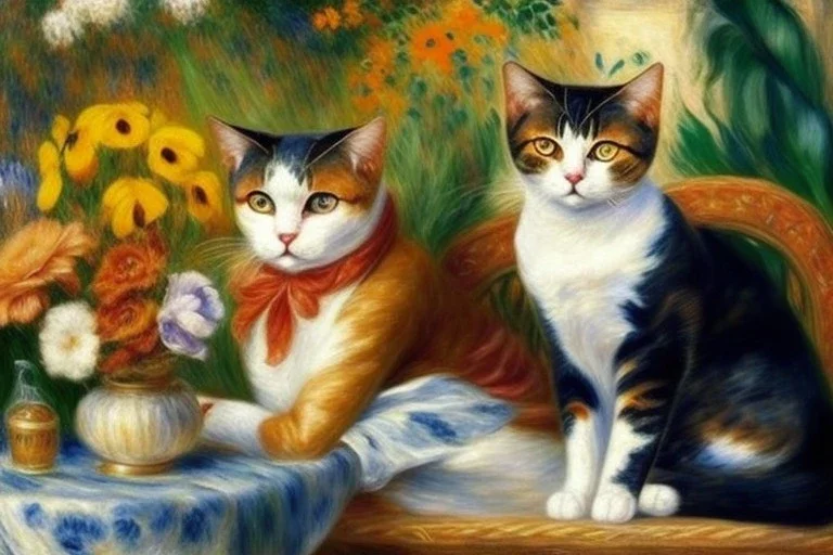 Two cats on a terrace. Auguste Renoir. Cat Perfect brown eyes with perfect iris.