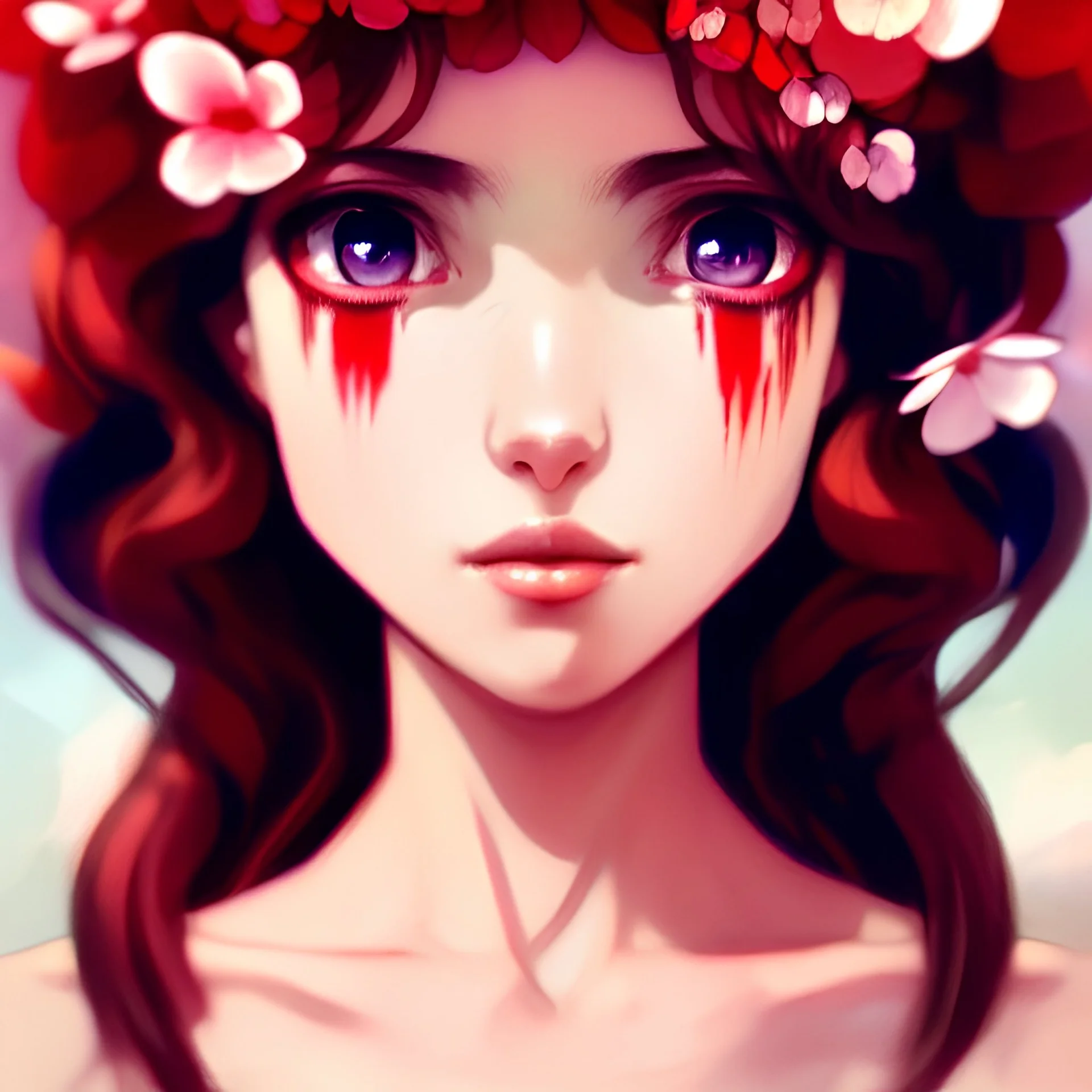 Closeup face portrait of a red girl wearing crown of flowers, smooth soft skin, big dreamy eyes, beautiful intricate colored hair, symmetrical, anime wide eyes, soft lighting, detailed face, by makoto shinkai, stanley artgerm lau, wlop, rossdraws, concept art, digital painting, looking into camera