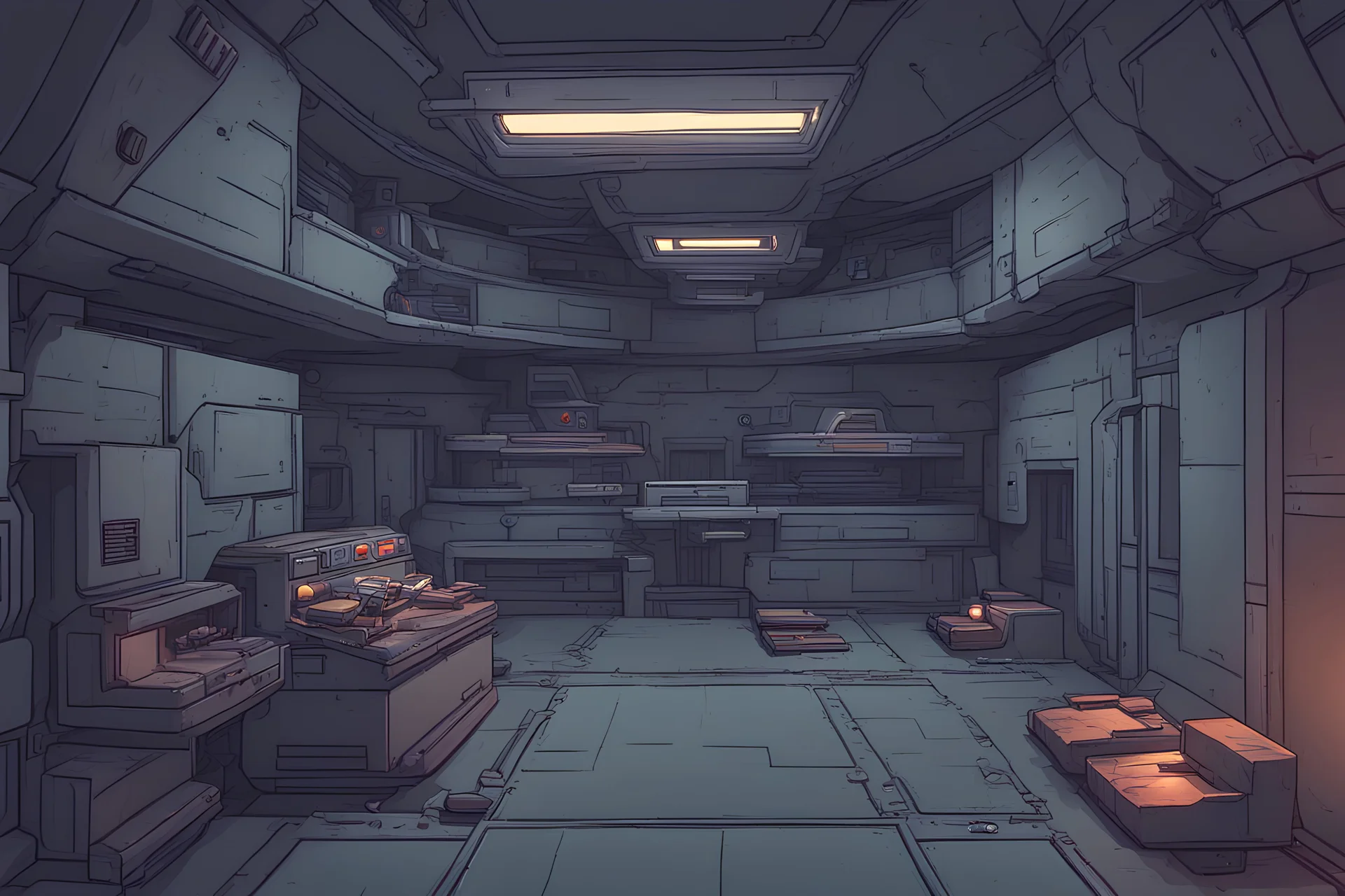 background, sci-fi bunker interior with multiple floors for asset video game 2D view, platformer