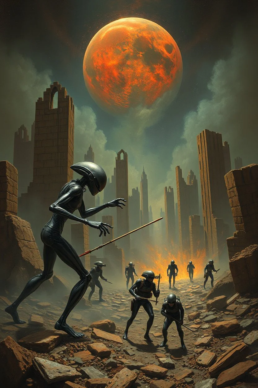 Aliens fighting with humans around metal epic Echo of Ruins , Bosch painting style nightmare