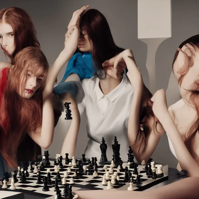 realistic photoshoot for a new balenciaga lookbook, 2 beautiful young models playing chess sweating and concetrated, colorful makeup, set design made of lego blocks, in style of steven meisel, ultra high resolution, 8k, bright, fashion lighting, wide angle lens