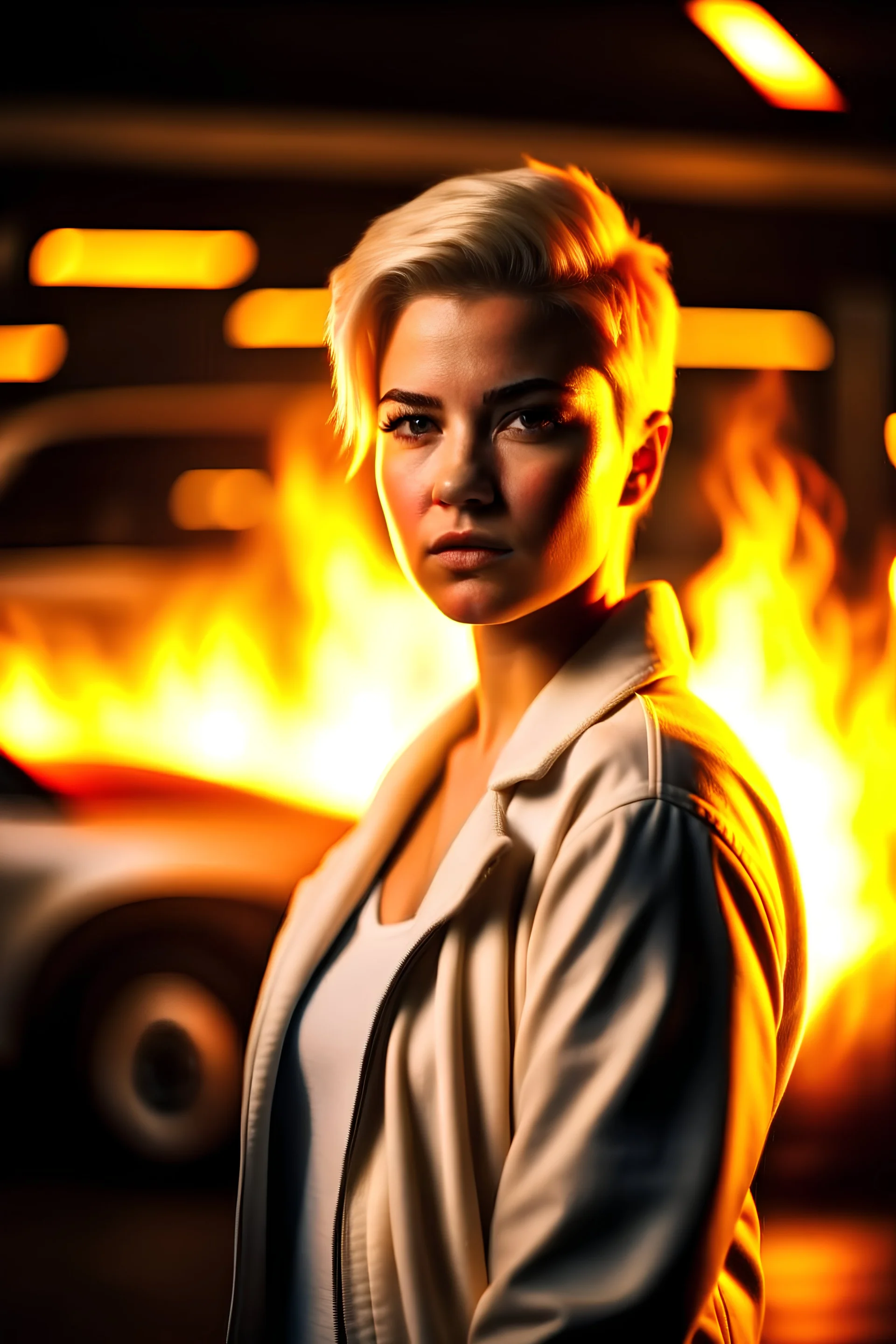 muscular blonde woman, short hair, covered in LIGHT WHITE JACKET, standing in front of burning car, OFFICE lighting, 8k uhd, breathtaking masterpiece, intricate film grain, ultra realistic wallpaper, sharp focus bokeh, studio quality perfectionism,