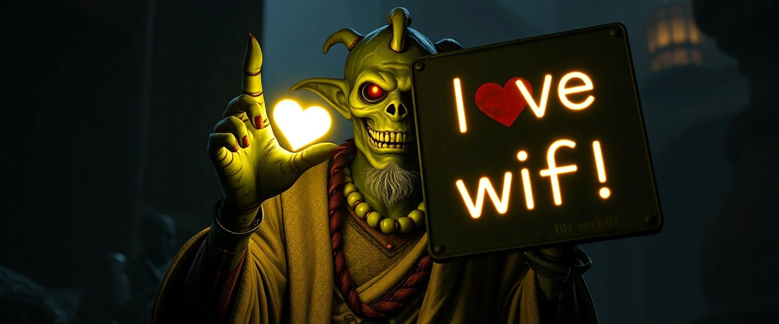 Glowing ghoul mutant guru from fallout 4 holds up sign saying "I love wifi!"