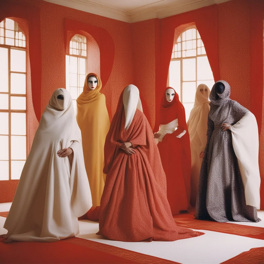 A fashion photography of a group wearing traditional Middle Eastern , no face in a white studio with a red scarf around the head and a long skirt, posing for Vogue magazine in the style of James Bidgood photographed in the style of Tim Walker. --ar 101:128 --v 6. 0