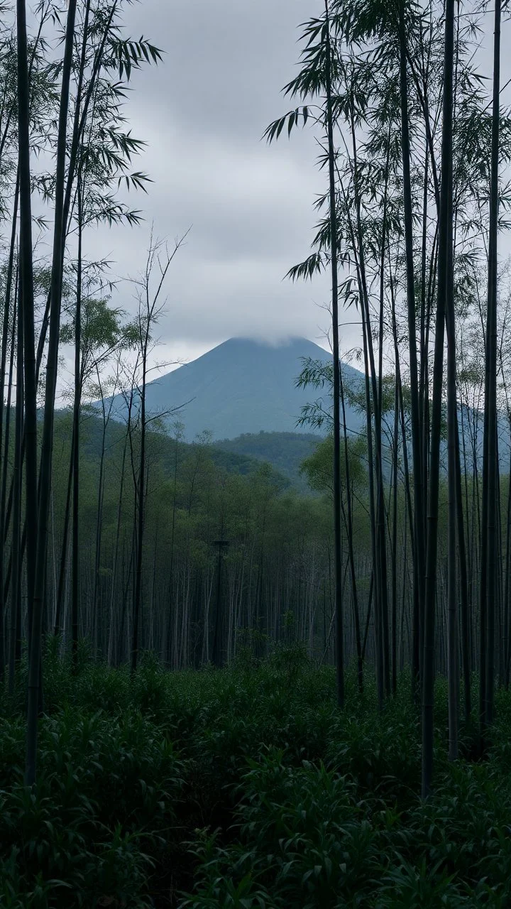 Field of bamboos gray trees in dim light , foggy, sad, cloudy, atmosphere, a a dark mountain on distance