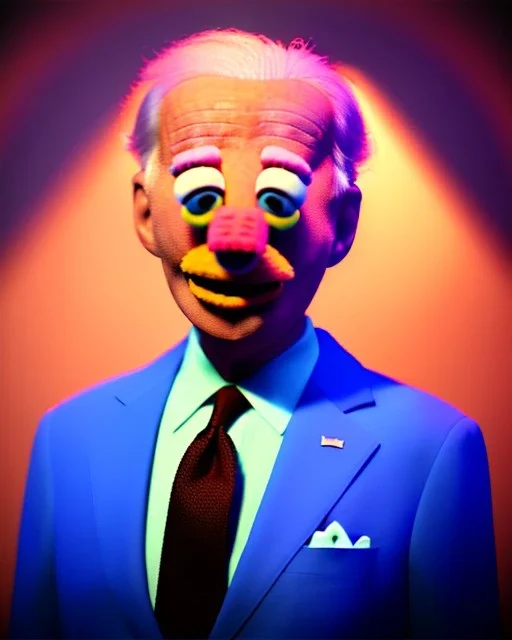 Waist up Portrait, joe Biden as muppet Sesame Street, Blue suit retro style, photo studio, city background, unreal engine 5, concept art, art station, god lights, ray tracing, RTX, lumen lighting, ultra detail, volumetric lighting, 3d.