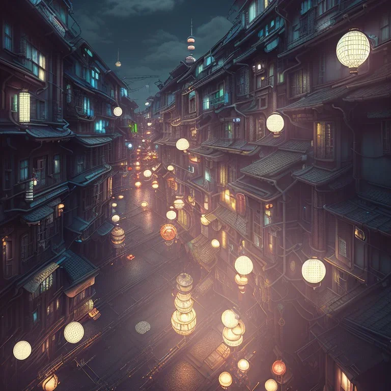 low-light japanese city street with laterns and clouds, view from above, realistic, steampunk, 3d-art, futuristic, minimal design, unreal engine, ray-tracing