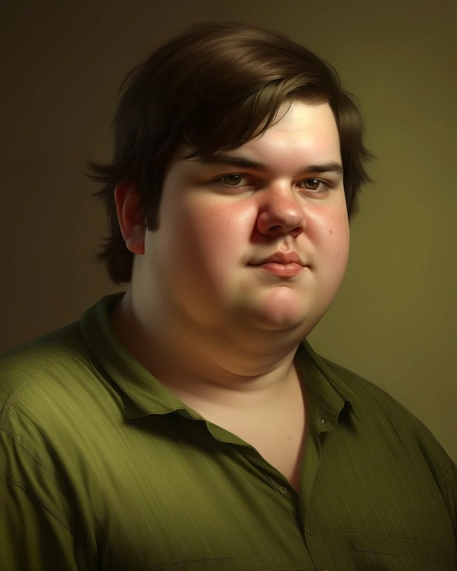 Portrait d'un jeune homme, ultra obèse; cheveux bruns et teint blanc, porte une chemise à carreaux de couleur vert olive. HD portrait, Artstation