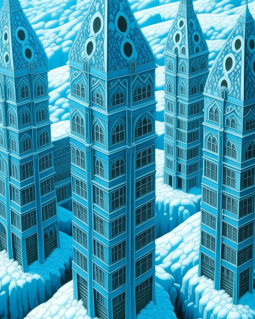 Cyan towers covered in ice and snow designed in German folk art painted by MC Escher