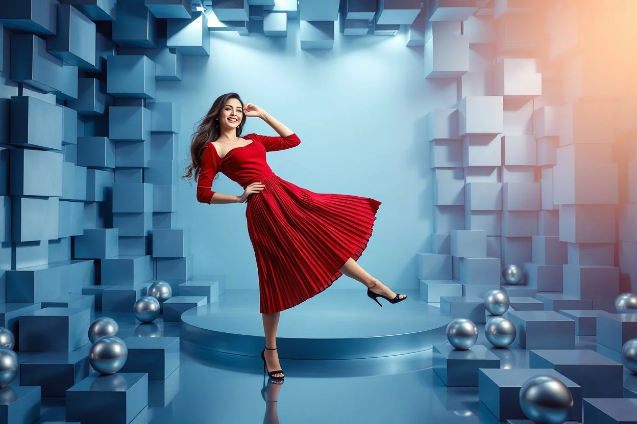 a pretty stage made of metallic blue-gray teme 3d recursive cubic and sphere base structures and a beautiful fashion model lady posing with joy and cute ,with dark red top and pretty pleated midi skirt ,makeup curvy long hair,dynamic camera zoom to full body and pan, dynamic lights.