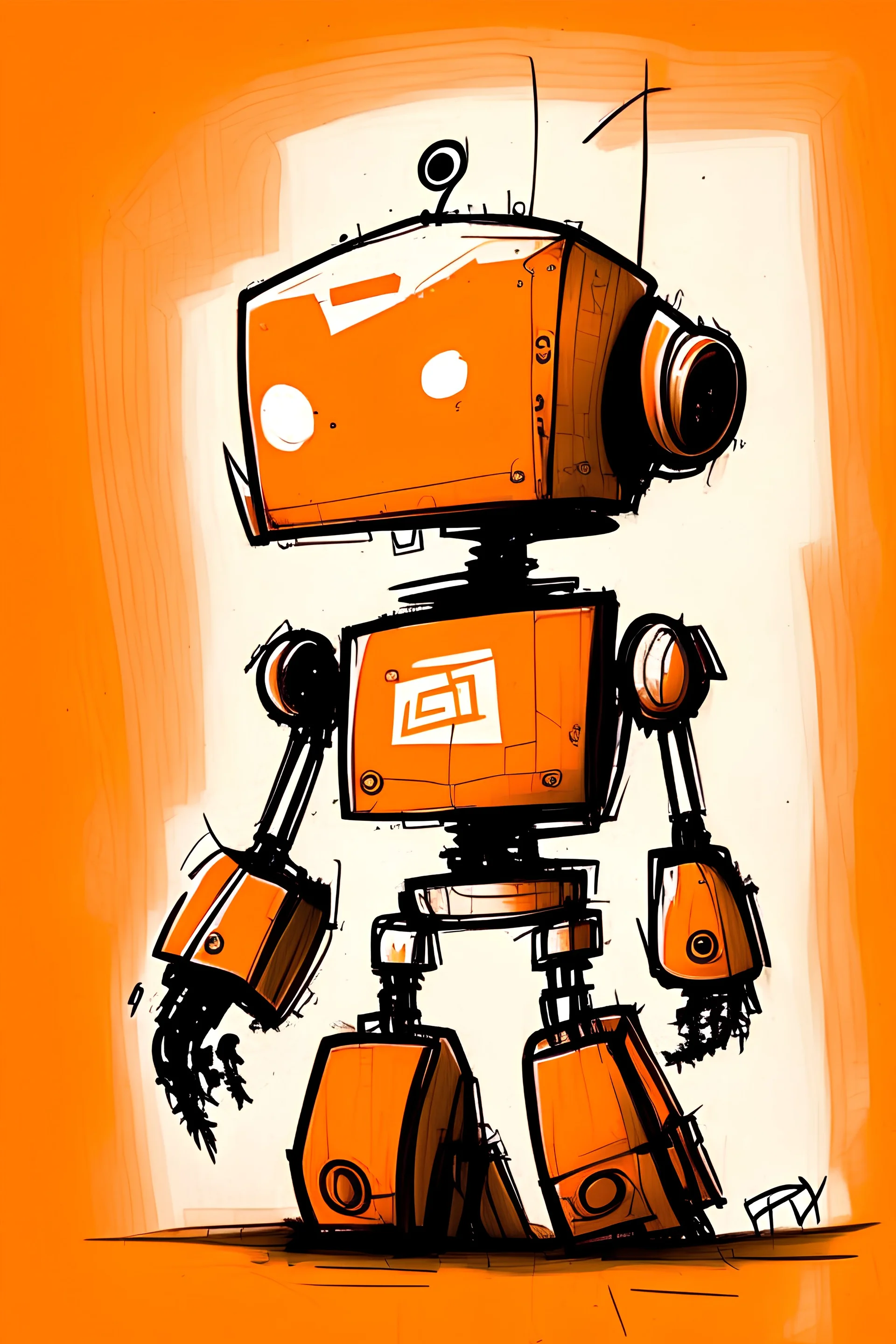 He drew an orange robot logo.