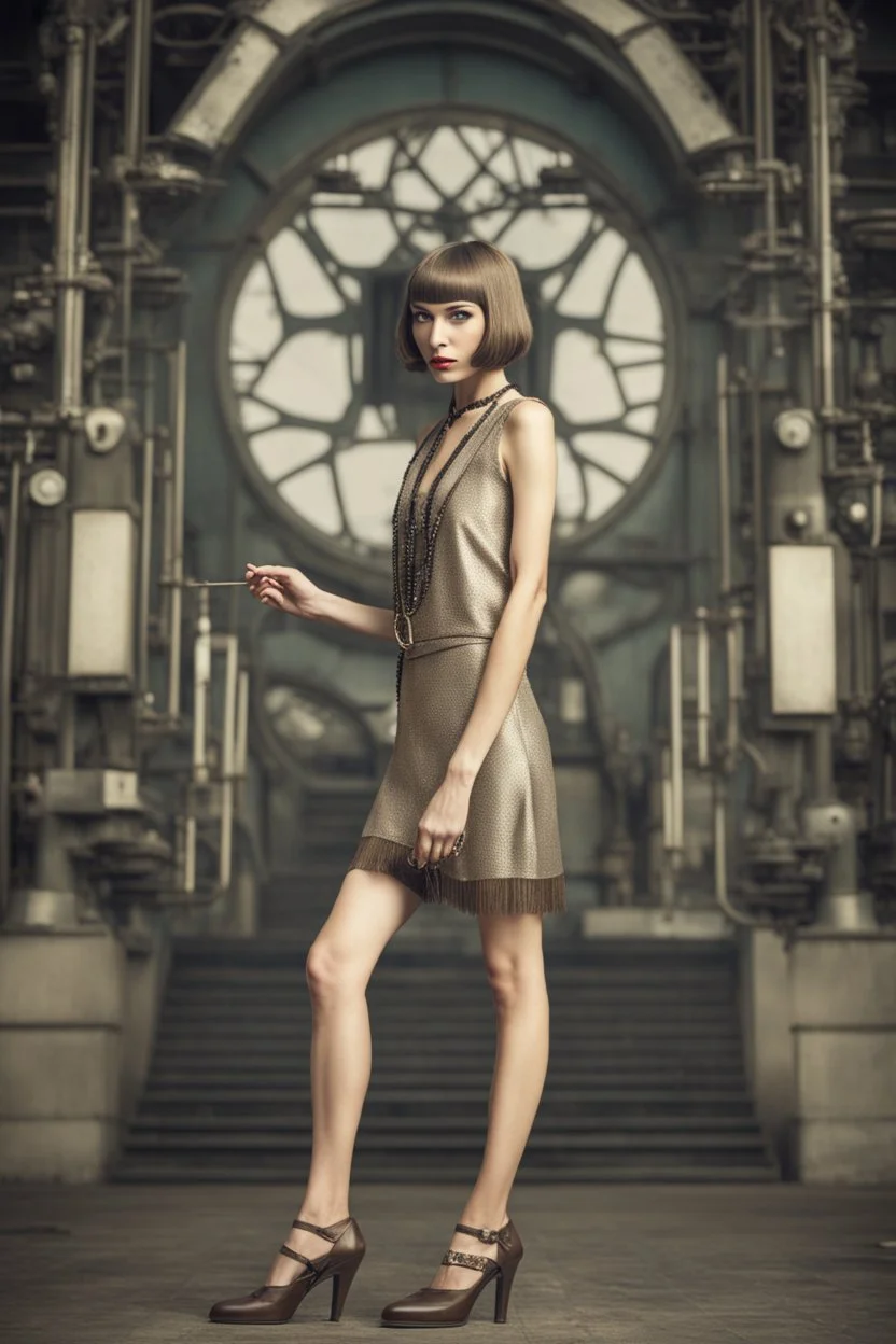 full body picture of a skinny woman with a bob, a fringe hairstyle, 1920s flapper clothing, futuristic steampunk city background