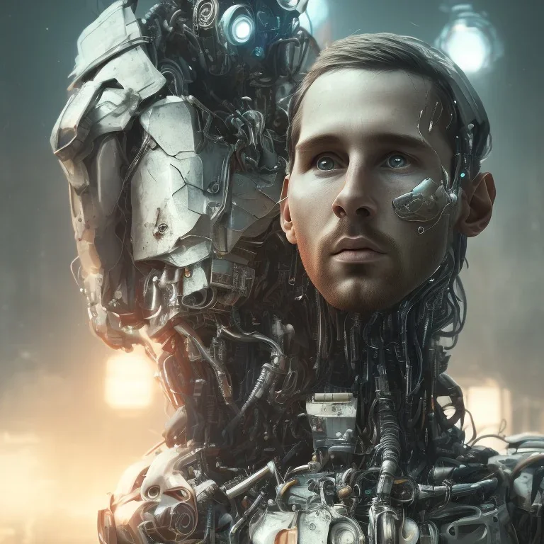 portrait,lionel messi robot, post-apocalyptic in a cyberpunk city, realistic, intriacte detail, sci-fi fantasy style, volumetric lighting, particales,highly detailed,cinamatic, deep colours,8k