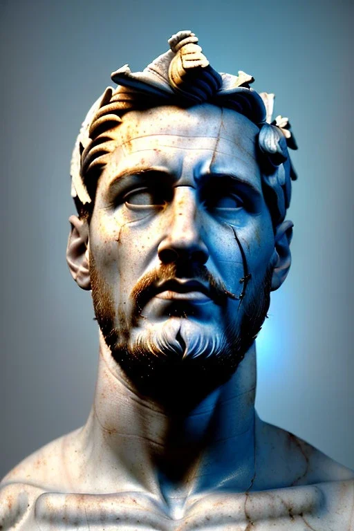 Ultra Realistic image, classical renaissance sculpture, white marble material, Lionel Messi god, Laurel leaves crown, miguel angel style, chisel style, emperor, waist up portrait, epic, celestial, cinematic lighting, God light, god rays, 4k resolution, smooth details, ornate details, soft lighting, unreal engine 5, sky background.