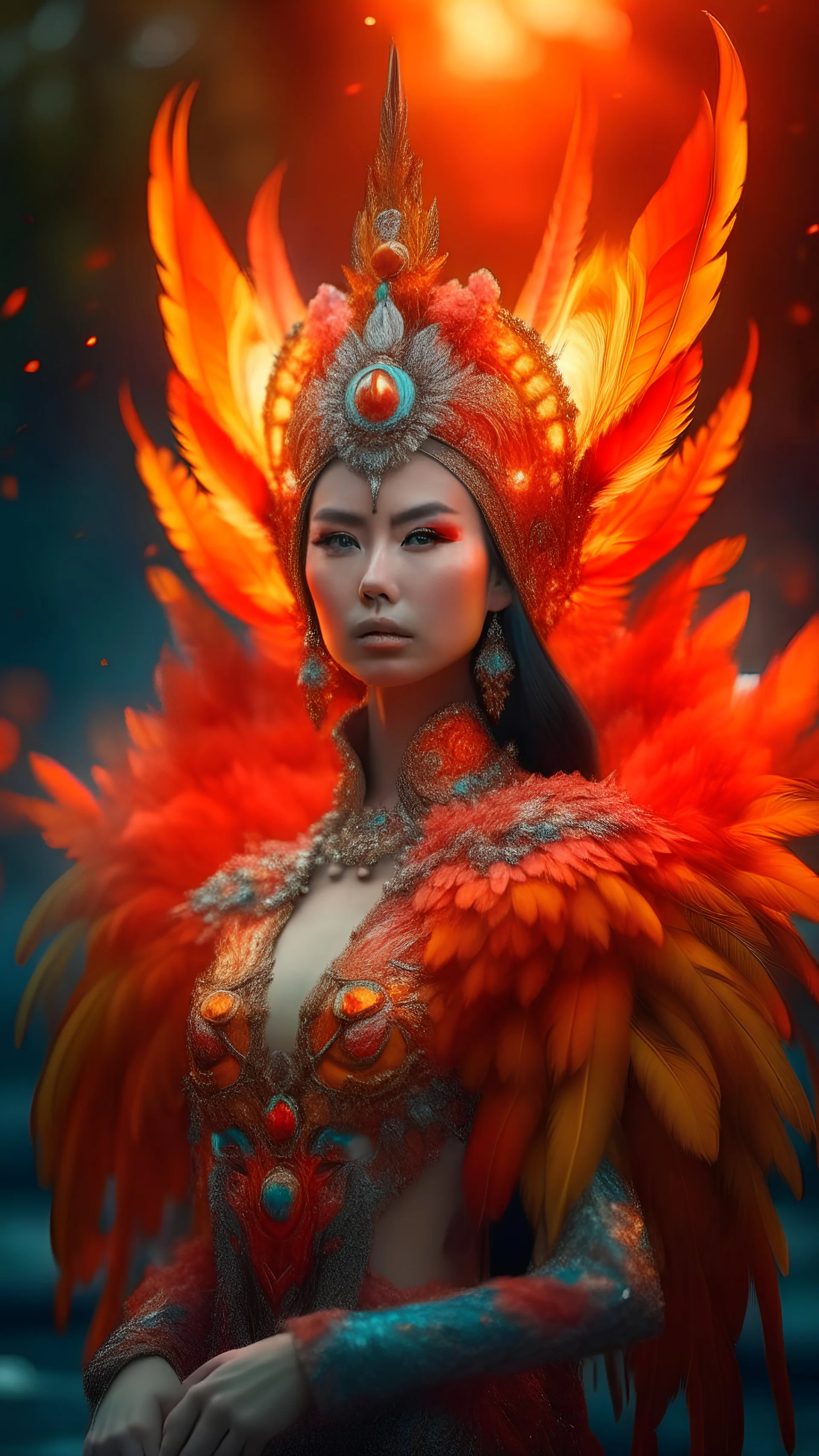 half body wide angle RAW photo, fire queen queen wearing luxurious and ornate clothing, fully covered, opals and floral embellishments, fractal wing texture, winter landscape in the background, beautiful women indonesia face, high detailed skin, phoenix, fire, 8k uhd, dslr, soft lighting, high quality, film grain