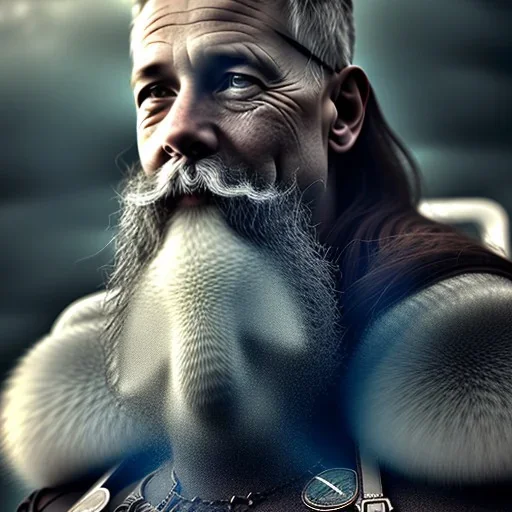 Viking theme, a younger woman sitting next to a 50-year-old man, portrait, 8K, close-up face, anatomically perfect face, Highly detailed stunning full frame portrait, misty and cloudy atmosphere