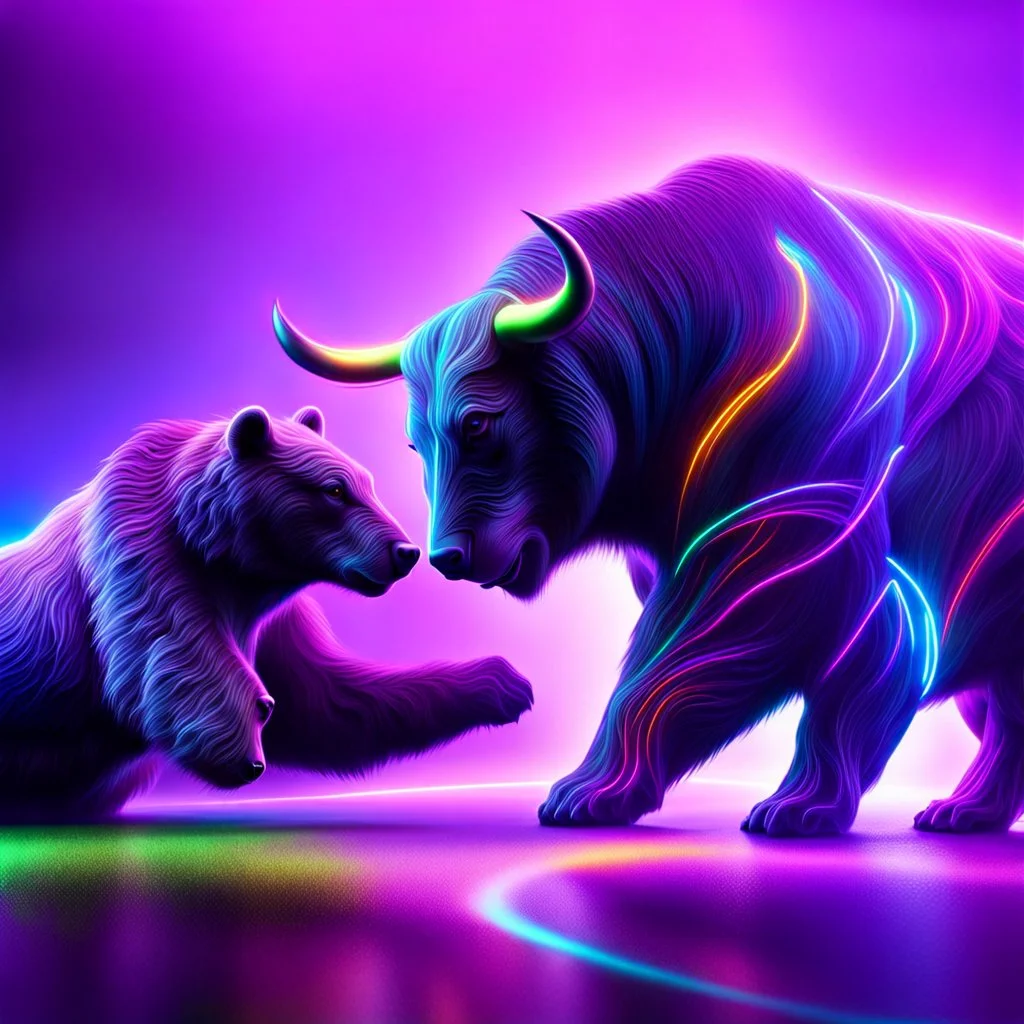 brightly coloured 3D infinity symbol ∞, bull on right beating a bear on left in a fight, DSLR with a 80mm lens, set to f/16 and a slow shutter speed of 1/15s, striking, neon, vibrant, chiaroscuro, dramatic, captivating, high-tech, powerful, fantasy, beautiful, octane render, 16k post-production, artstation: award-winning: atmospheric: commanding: fantastical: clarity: ultra quality: striking: brilliance: stunning colors: amazing depth; lens: f/11, 35mm