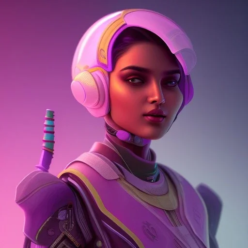 Cute indian girl face , Sci-fi character, orange backlight, pink and purple, scifi suit, profile, purple background, pink lighting