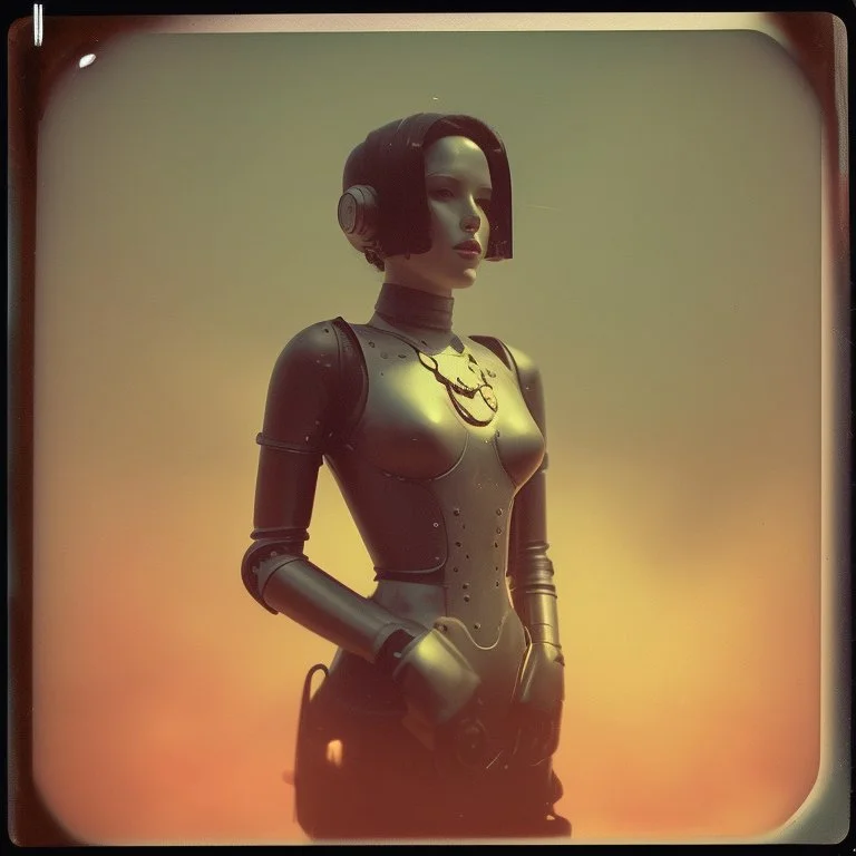 steampunk, vintage analog polaroid of a woman robot, sexy female body, fog, lomography, heavy film grain, sunset, color bleed, depth of field, bokeh, retro,