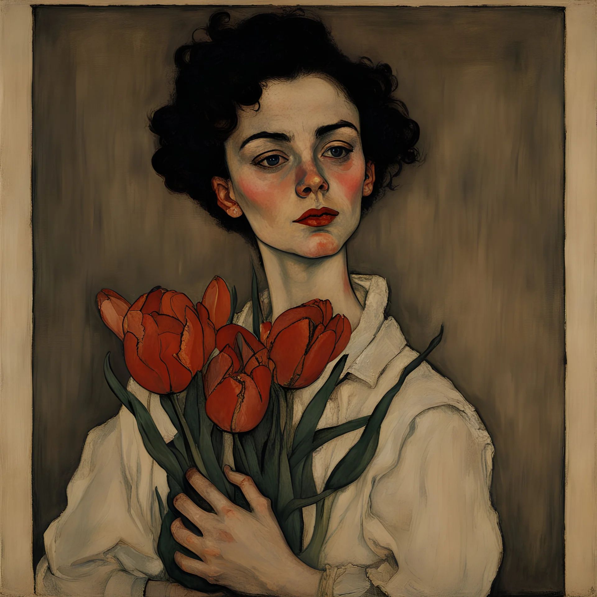 A portrait of a young woman holding a bouguet of tulips pressed to her chest painted by Schiele