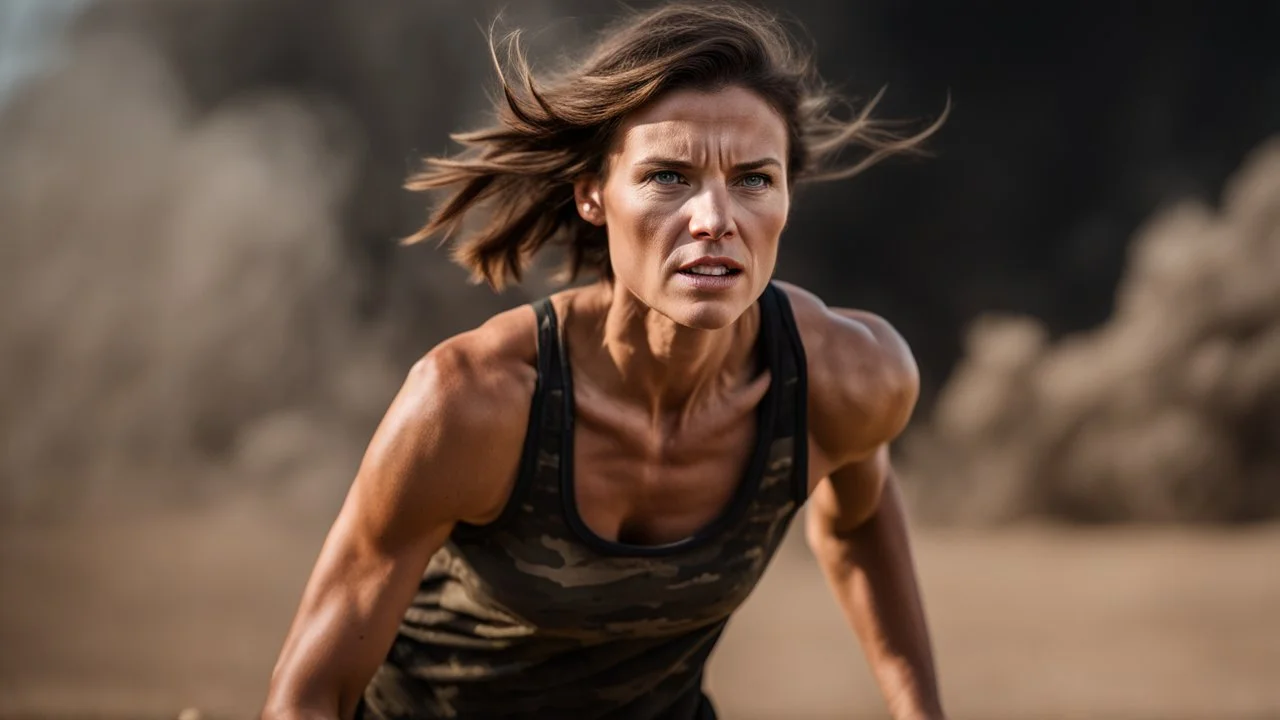 beautiful slender caucasian female technician, black tank top, angry, running, well toned muscles, weathered face, scratched sand camo metal details, short brunette wavy bob haircut, dystopian, desert scene with smoke and explosions,