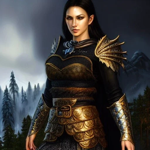 ultra detailed fullbody Portrait in oil on canvas of beautiful female DemonHunter with Skyrim Dragonplate armor,extremely detailed digital painting, extremely detailed face,crystal clear Big eyes, mystical colors ,perfectly centered image, perfect composition,rim light, beautiful lighting,8k, stunning scene,extremely sharp detail,finely tuned detail, ultra high definition raytracing, in the style of Simon Bisley and Frank Frazetta and robert e howard and Hyun Suk Lee and Ken Kelley