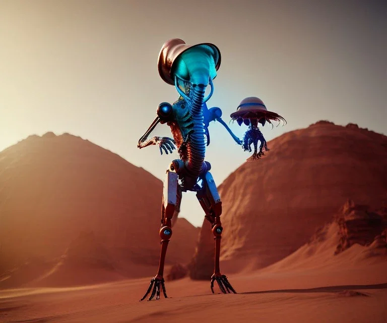 Alien, mech, jellyfishsombrero, metal, holding gun, hands, strong, space suit, desert