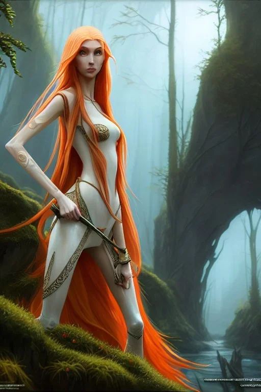 painting of a tall elven young woman with short light orange hair and freckles on the cheak bones and tall body of a topmodel light clothes, long shot, ultra realistic, concept art, intricate details, eerie, highly detailed, photorealistic, octane render, 8 k, unreal engine. art by artgerm and greg rutkowski and charlie bowater and magali villeneuve and alphonse mucha