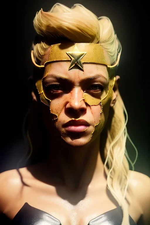 portrait, Shakira, blonde, angry, Realistic image, superhero, watchmen style, gold make-up, sweat, fog, goddess style, Neon colors, leds. Black background, photo studio, concept art, smooth, unreal engine 5, god lights, ray tracing, RTX, lumen lighting, ultra detail, volumetric lighting, 3d, finely drawn, high definition, 4k.