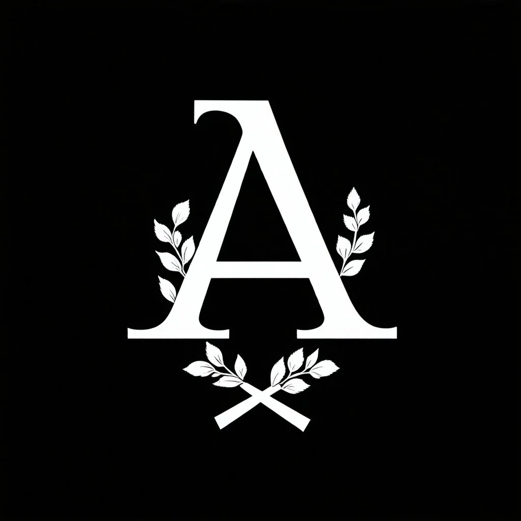 2 branches(crossed at bottom, arching upward in a wreath, delicate hand drawn linework, romantic), Letter A in Middle or wreath, sharp image, white vector on black background