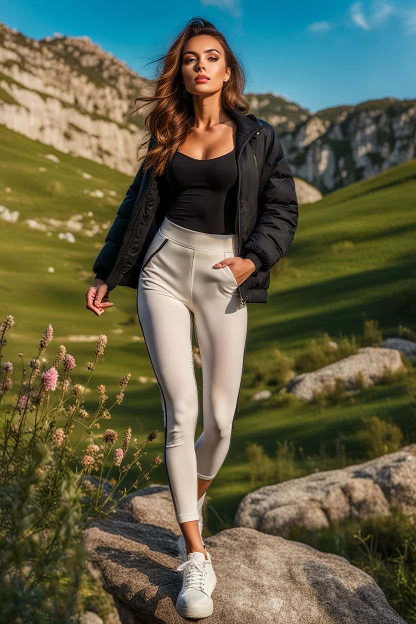 fullbody shot of young-beautiful-girl-with-a-perfect-face-with-make-up-wearing- sport pants and jacket standing ,geen hills ,nice nature in modern city scape environment ,wild flowers,clean water river with colorfull rocks in floor