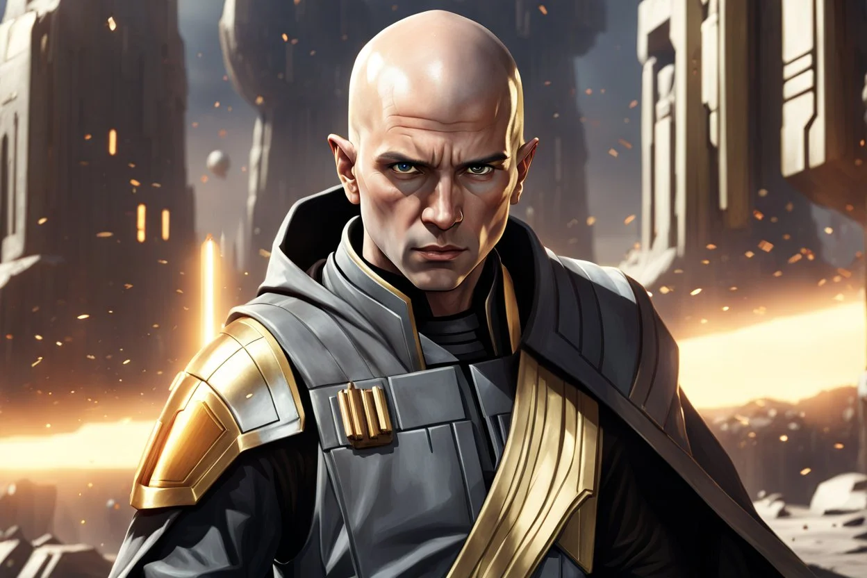 star wars bald male corellian jedi pilot wearing black and gunmetal grey old republic armored robes with gold trim, alone, battle-ready Jedi Master defending a ruined ancient city surrounded by golden light, centered head and shoulders portrait, hyperdetailed, dynamic lighting, hyperdetailed background, 8k resolution, volumetric lighting, light skin, fully symmetric details