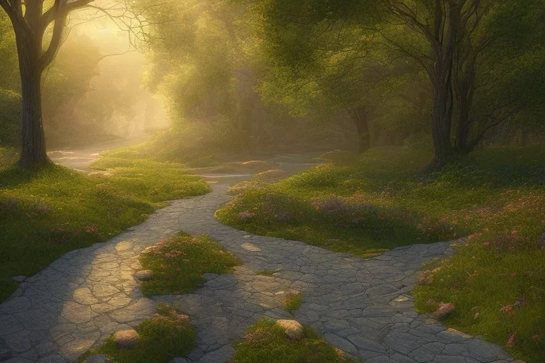  winding stone path lit river