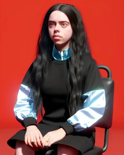 Billie Eilish, sitting on a chair, Black Short Dress, high detail