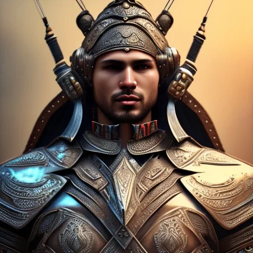 portrait of a warrior with turk man themed armour, extremely detailed, UHD, 8k,The close-up camera effect,sharp focus, perfect position,hyperphotorealistic, unreal engine 5, octane render