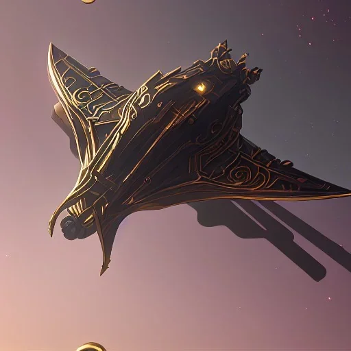 huge ornate spaceship made of brass and black stone flying through space