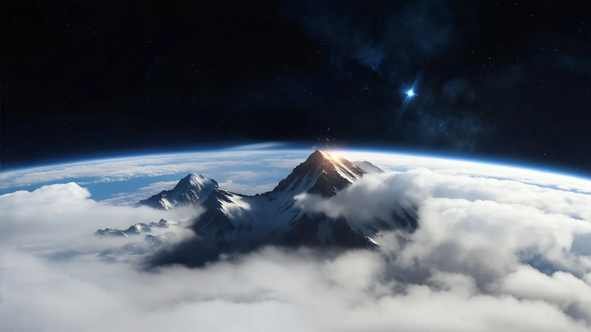 a fog planet's atmosphere is pierced by a single sharp mountain peak. a curved horizon separates the starry space. a single tiny spark of light at the tip of the mountain's peak