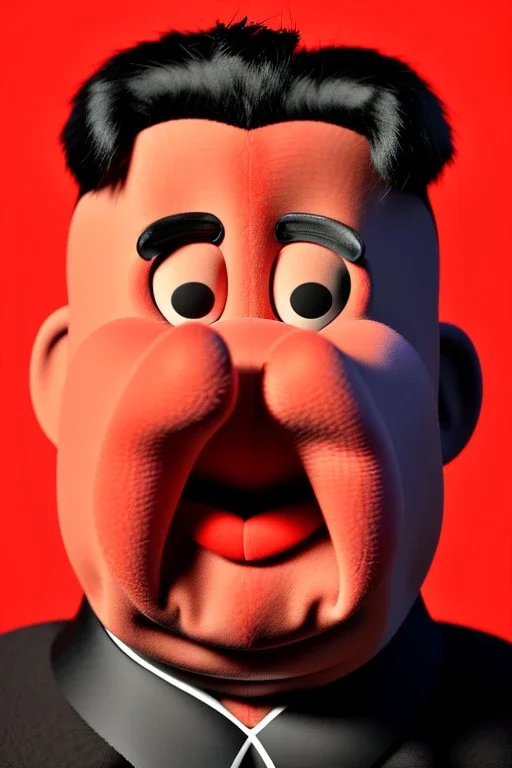 Waist up muppet Portrait, Kim Jong-un muppet doll, black suit, photo studio, red background, unreal engine 5, concept art, art station, god lights, ray tracing, RTX, lumen lighting, ultra detail, volumetric lighting, 3d.