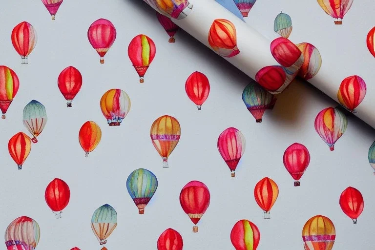 wrapping paper with watercolor of a hot air balloon, children's book illustration, white parchment paper, wrapping paper