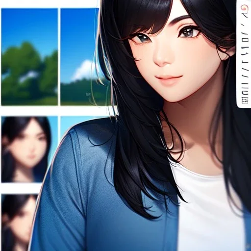 black haired woman, casual clotting, realistic, HD4k, watery cloud background, close up shot,